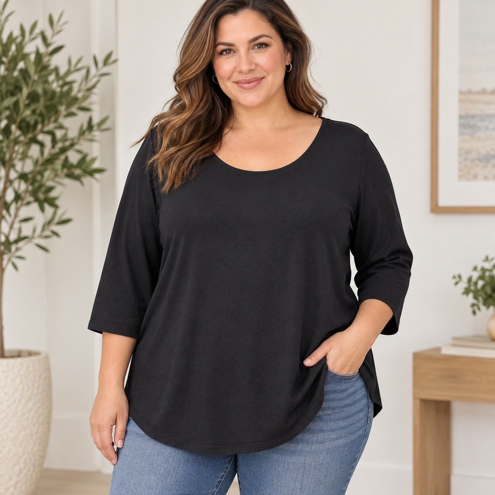 Tahari Black Pima Cotton Modal 3/4 Sleeve Scoop Neck Tunic Top Plus Size 2X